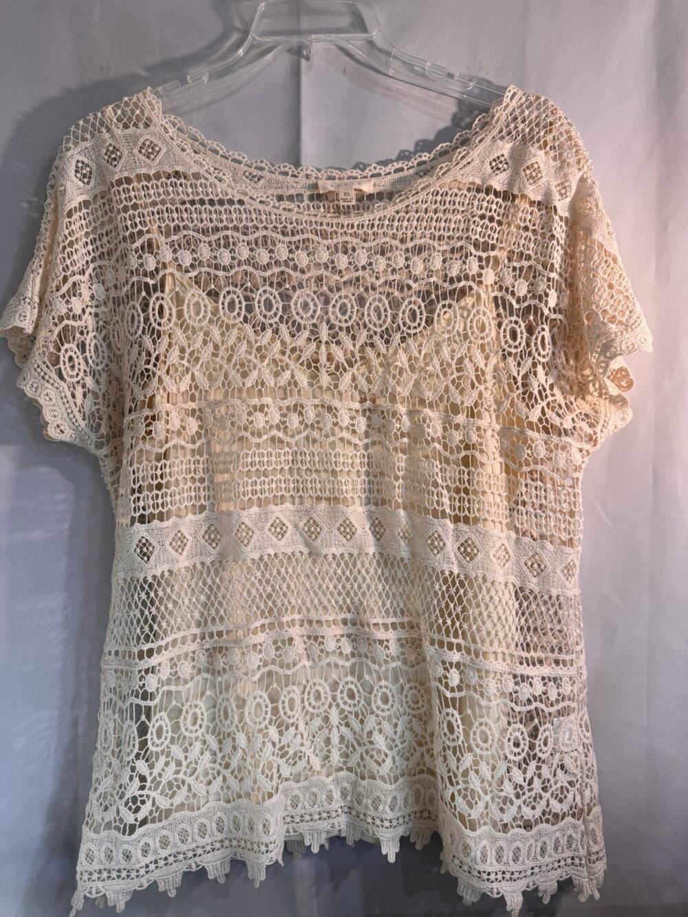 ADIVA Cream Crochet Lace Boho Blouse Top Women’s XL Lined Short Sleeve LY8